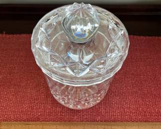 B135 - $35. Block Crystal Biscuit Jar. Measures 8" tall. 