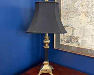 B21 - $45. Column Table Lamp. Brass & Black. Measures 30" tall. Black Shade is in very good condition. 