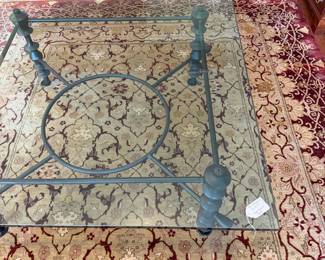 B40 - $150. Glass Top Coffee Table. Unmarked but google says it's a Giacometti Design. Measures 48" square x 20.25" tall. Has one spot that is chipped. Metal frame is in very good condition.  