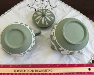 B107 - $25. Wedgwood Sage Green Creamer & Sugar. 