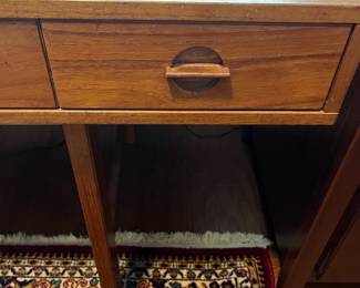 B2 - $850. Peter Løvig Nielsen, Flip-Top Executive Desk in Walnut. Denmark, 1970Measures 63.75" x 28.75" x 34" tall (at the tallest spot). 29" top of the desk to the floor.  Desk has been well loved - it is still sturdy and very useable but does have one broken handle and marks on the surface - see photos. 