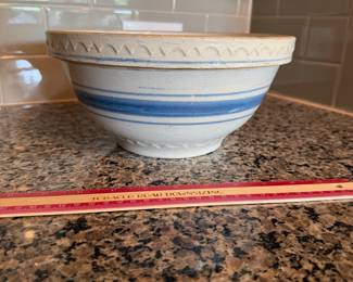 B104 - $85. Blue Stripe Zinc Glaze Stoneware Pottery Bowl. Measures 10" x 5".  Display only - does have a crack. 