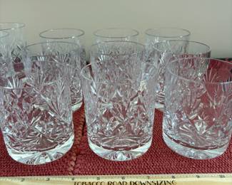 B151 - $60. Heavy Crystal Drinking glasses. Unmarked. 9 Tumblers - 3.75". 7 Glasses 4.5" tall)