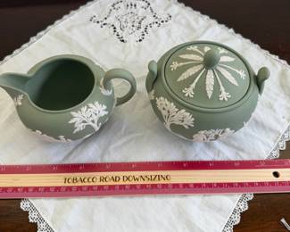 B107 - $25. Wedgwood Sage Green Creamer & Sugar. 