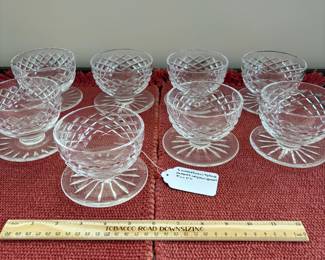 B138 - $100. Set of 8 Waterford Tyrone Footed Dessert Crystal Glasses. Measures 4" wide x 3" tall. 