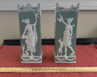 B109 - $100. Schafer & Vater Jasperware PAIR of Square Vases. 