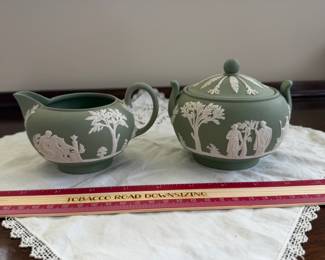 B107 - $25. Wedgwood Sage Green Creamer & Sugar. 