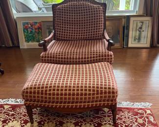 B25 -  $250 Chair & Ottoman - needs minor repair! Ottoman has a wiggly leg and one chair arm is loose. Oversized Arm Chair with Geometric Lattice Cut-Out Backrest. Tag Reads "Custom Crafted by Accents Upholstery - Durham NC." Measures 37.5" wide x 35" deep x 42" tall. Ottoman Measures 34.5" x 22" x 17.5" tall. 