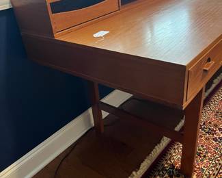 B2 - $850. Peter Løvig Nielsen, Flip-Top Executive Desk in Walnut. Denmark, 1970Measures 63.75" x 28.75" x 34" tall (at the tallest spot). 29" top of the desk to the floor.  Desk has been well loved - it is still sturdy and very useable but does have one broken handle and marks on the surface - see photos. 