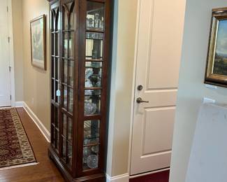 B10 - $275. Statton, Chippendale Style, Mahogany, Lighted Display Cabinet with 4 Adjustable Glass Shelves (1 is permanent). Measures 42" wide x 16" deep x 81.5" tall. 