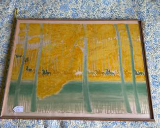 B67 - $400. Andre Brasilier signed Lithograph Print. #99/300. Measures 42" x 32". "Cavalcade au bord de l'Etang"
