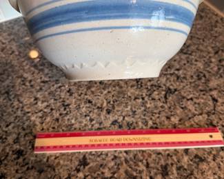 B104 - $85. Blue Stripe Zinc Glaze Stoneware Pottery Bowl. Measures 10" x 5".  Display only - does have a crack. 
