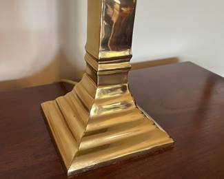B18 - $45. Heavy Brass Table Lamp. Measures 23.75" tall. Black Shade is in very good condition. 