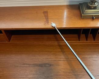 B2 - $850. Peter Løvig Nielsen, Flip-Top Executive Desk in Walnut. Denmark, 1970Measures 63.75" x 28.75" x 34" tall (at the tallest spot). 29" top of the desk to the floor.  Desk has been well loved - it is still sturdy and very useable but does have one broken handle and marks on the surface - see photos. 