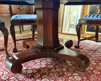 B41 - $950. Round Wooden Dining Table with 8 Chairs. Table is 5' round x 29.5" tall. Floor to bottom of table lip is 25.5".  Table has 3 leaves. 2 - 18" leaves. 1 - 13" leaf. Includes table pads for all. Overall very good vintage condition, a few surface marks not deep gouges. Chairs are all sturdy with varying wear on cushions and wood.  