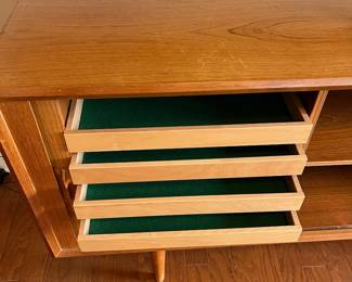 B27 - $1750. Mid Century Danish Teak Credenza with Tambour Doors.  Overall very good condition - has some minor surface scratches. Doors slide easily. Measures 59" x 19" x 31.5" tall. 