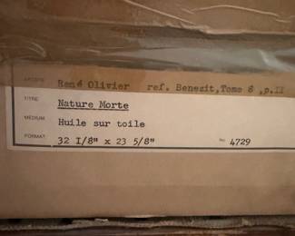 B57 - $350. LARGE Original Painting on Canvas. René Olivier "Nature Mort". Signed and has paper on the back.  Measures 34" x 43" with Heavy Gold Frame that is overall in very good condition. 