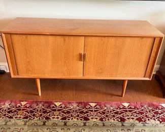B27 - $1750. Mid Century Danish Teak Credenza with Tambour Doors.  Overall very good condition - has some minor surface scratches. Doors slide easily. Measures 59" x 19" x 31.5" tall. 