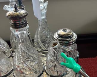 B139 - $125. Cruet Stand & Condiment Set. E L Kingston & Co. Silver Plated. Measures 12" x 8" x 13" tall. 2 Cruets have heavy damage - included if you want them but not calculated into the price)