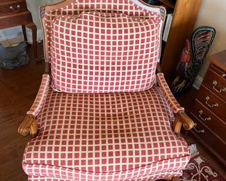 B24 - $250 Chair Only. Oversized Arm Chair with Geometric Lattice Cut-Out Backrest. Tag Reads "Custom Crafted by Accents Upholstery - Durham NC." Measures 37.5" wide x 35" deep x 42" tall. 