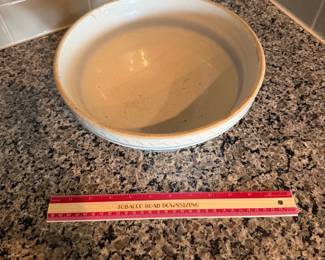 B104 - $85. Blue Stripe Zinc Glaze Stoneware Pottery Bowl. Measures 10" x 5".  Display only - does have a crack. 