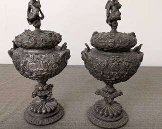 Pair of Figural Silverplate Lidded Urns