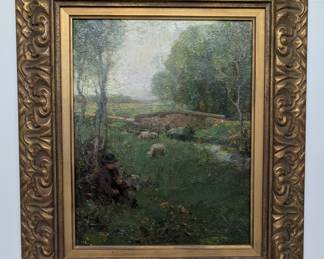 Framed Landscape Oil with Sheep