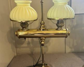 Brass Double Student Lamp with Cased Glass Shades