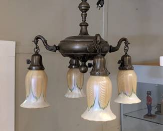 Brass Chandelier, Quezal Tulip Shades