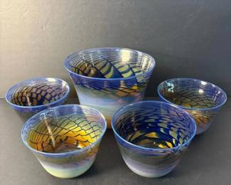211 fiveblownglassbowlswithblueandamb