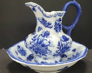 Blue and White Floral Ceramic Pitcher and Basin