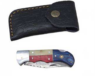 Damascus Steel Folding Pocket Knife with Sheath