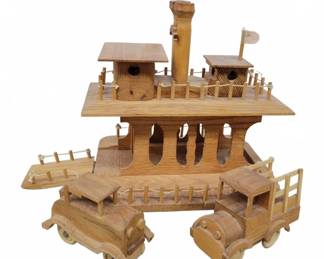 Handcrafted Wooden Steamboat Ferry and Trucks Set