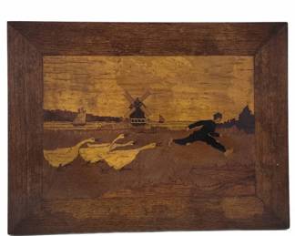 Folk Art Marquetry Plaque With Geese and Windmill
