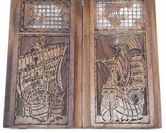 Wooden Box with Carved Galleon Ship Design