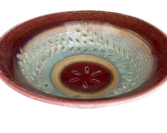 014 Handmade Ceramic Bowl Red Teal Floral Sgraffito