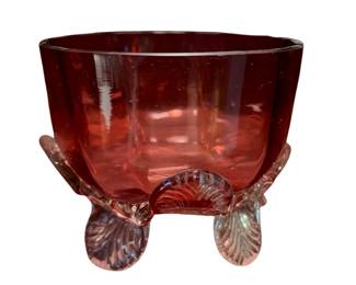 055 Cranberry Glass Footed Bowl Clear Shell Feet