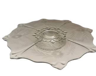021 Antique Etched Glass Cake Stand Plate