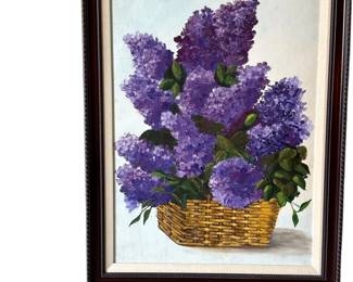 078 Framed Oil Painting Lilacs in Wicker Basket