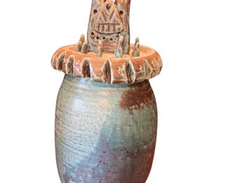 017 Studio Pottery Lidded Vessel with Figural Totem