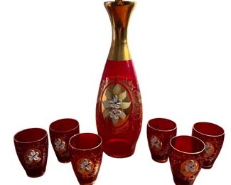 064 Bohemian Ruby Red Glass Decanter Set with 6 Cups