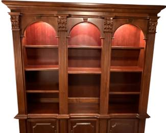 066 Triple Arch Lighted Mahogany Bookcase with Cabinet