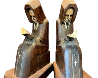 026 Carved Wood Monk Bookends Pair