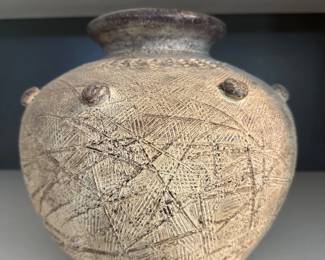 001 Antique Stoneware Jar with Incised Crosshatch Decoration