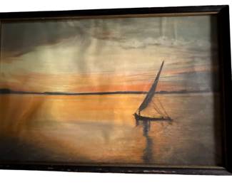 069 Vintage Framed Sailboat Sunset Painting