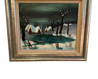 056 Folk Art Winter Village Ice Skating Scene Oil Painting