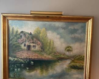 111 Oil Painting Cottage Swan Pond Landscape
