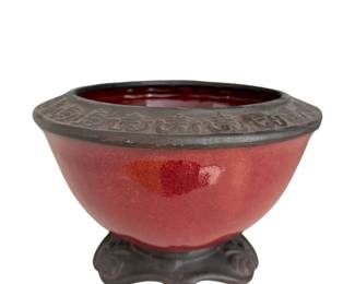 016 Red Glazed Ceramic Bowl with Metal Rim