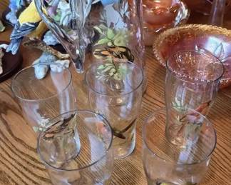 Vintage BirdDecorated Glass Pitcher  Drinking Glasses