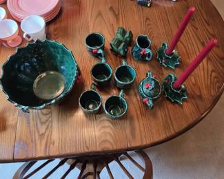 Vintage Lefton Christmas Holly Berry Ceramic Serving Set  Candle Holders